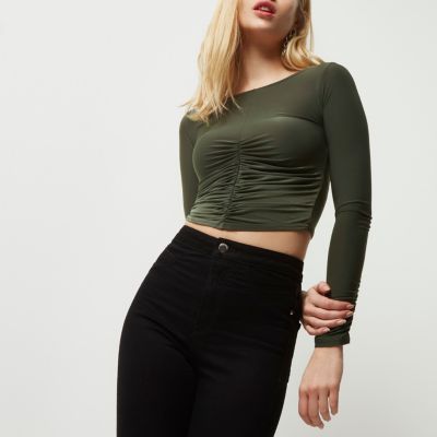 Khaki green ruched front top